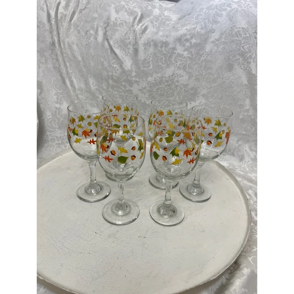Set of 6 Fall Harvest Autumn Leaves and Acorns Stemmed Wine Glasses Thanksgiving